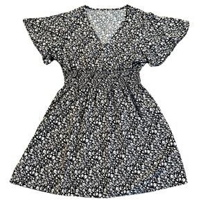 SHEIN black w/ white & yellow floral flutter sleeve v-neck dress size 1X